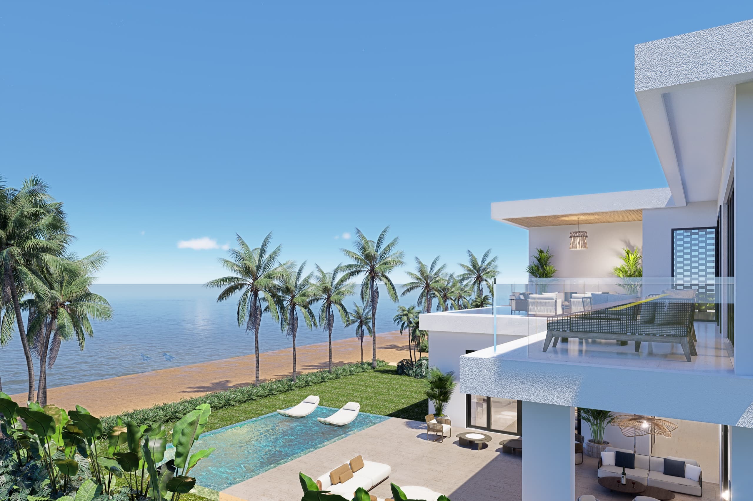 The villa from above, with the beach beyond