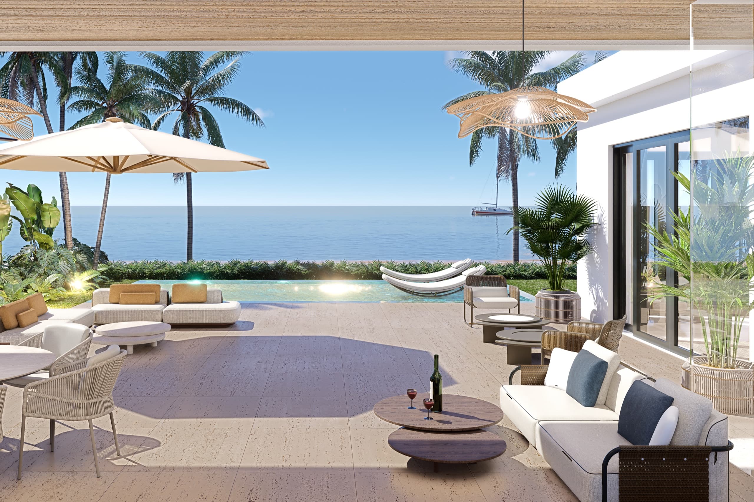 The covered terrace, the pool and the ocean